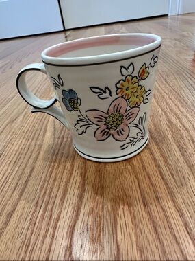 Anthropologie Molly Hatch Mug - cute pink white stripe flowers coffee tea pencil
